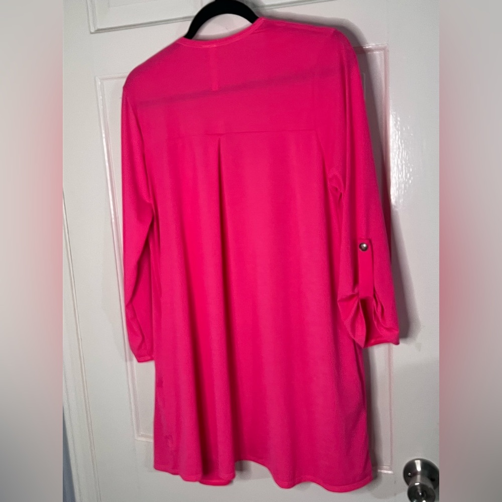 “The Lizzy Cardigan” Open-Front Hot Pink Women's Cardigan with Roll-Tab Sleeves - Picture 2 of 4
